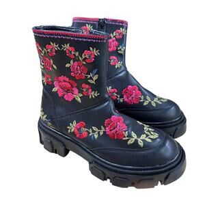 Farm Rio Black Boho Mid Boot Side Zip Rose Stitched Women's Sz 6 New Without Box